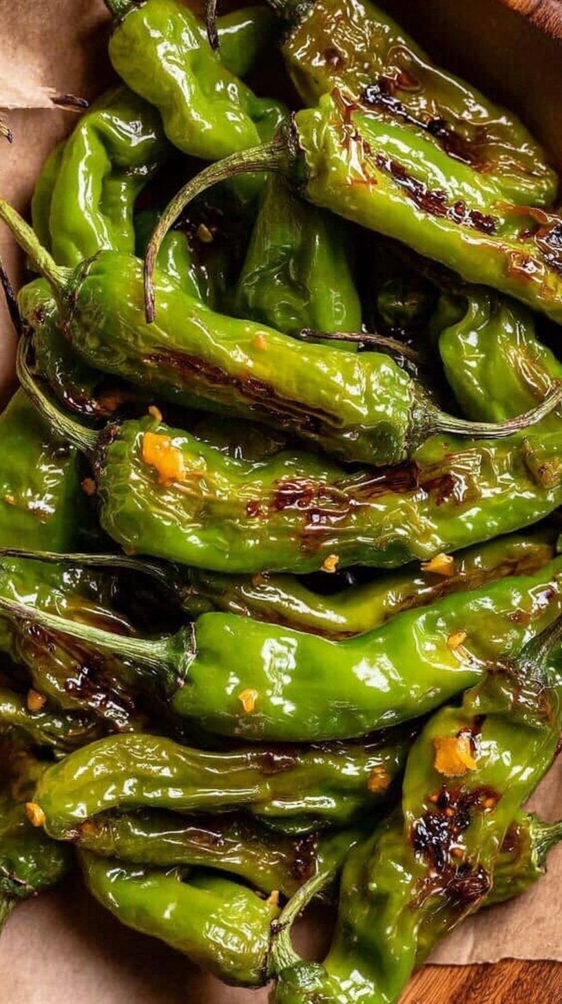 A plate of charred green shishito peppers with lemon wedges and sesame seeds.
