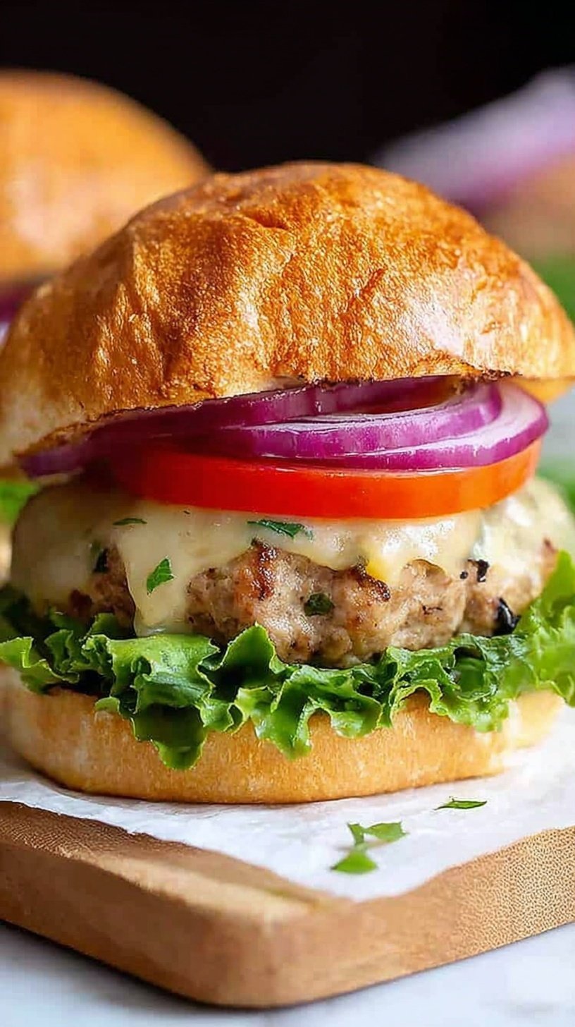 Four golden brown turkey burgers with melted cheese on toasted buns