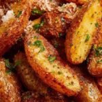 Golden brown crispy fingerling potatoes with fresh rosemary in an air fryer basket