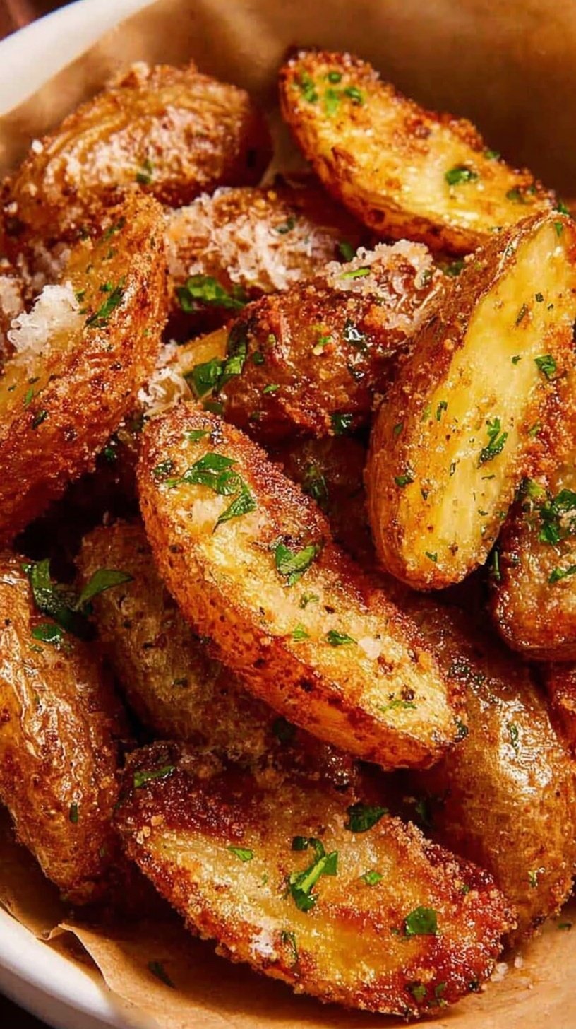 Golden brown crispy fingerling potatoes with fresh rosemary in an air fryer basket