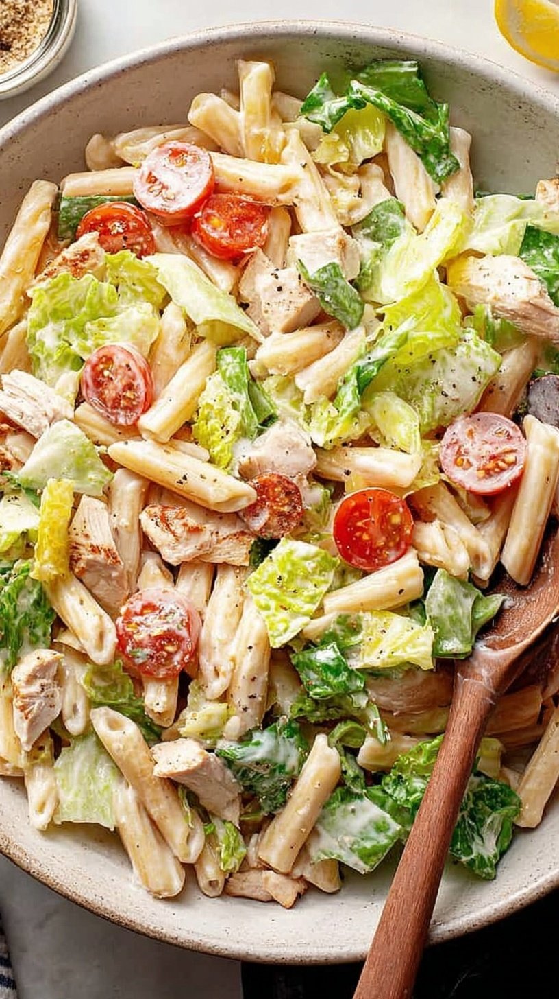A bowl of healthy chicken caesar pasta salad with grilled chicken, romaine lettuce, and whole wheat penne.