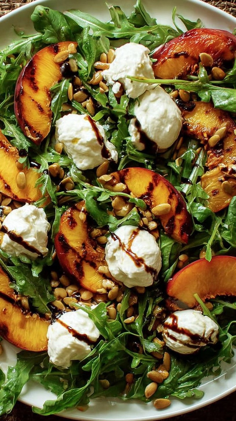 A platter of grilled peach halves with creamy burrata cheese and fresh arugula