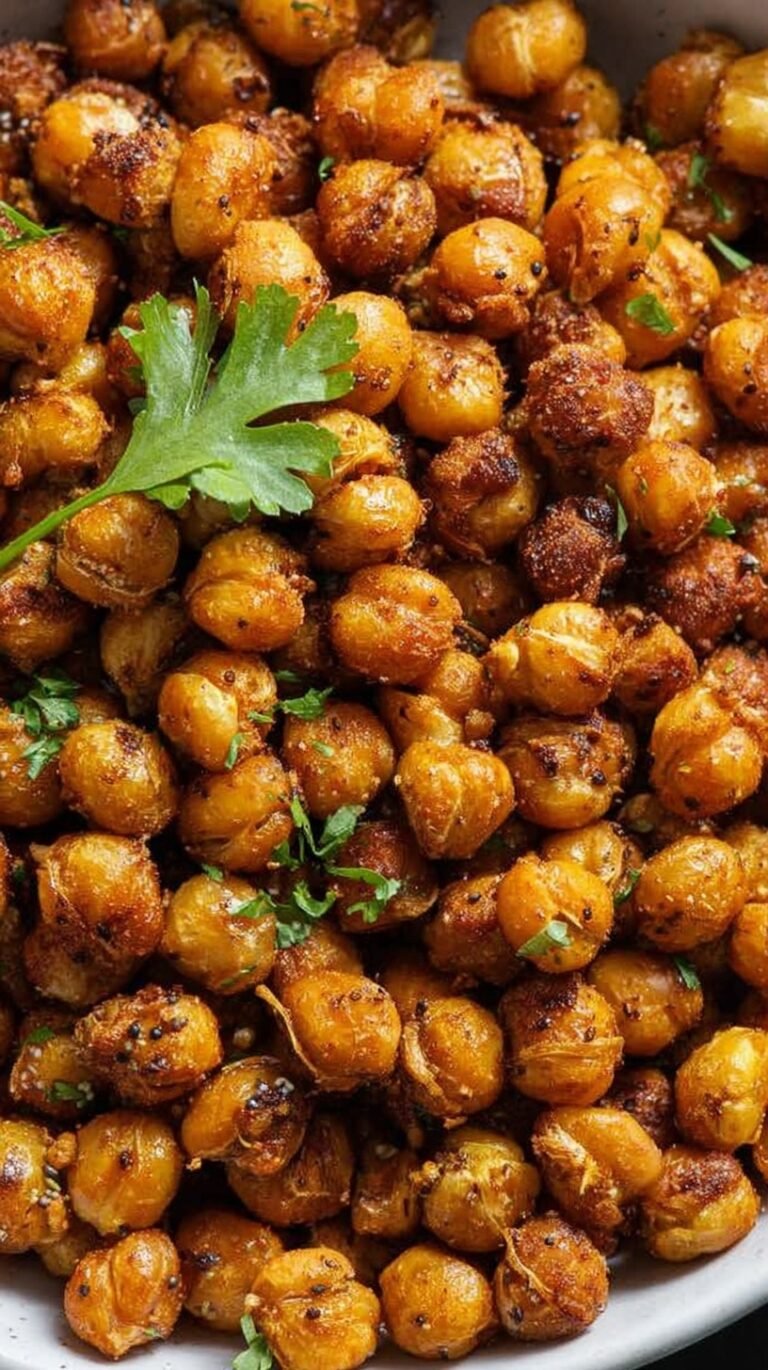 Golden brown seasoned chickpeas in an air fryer basket