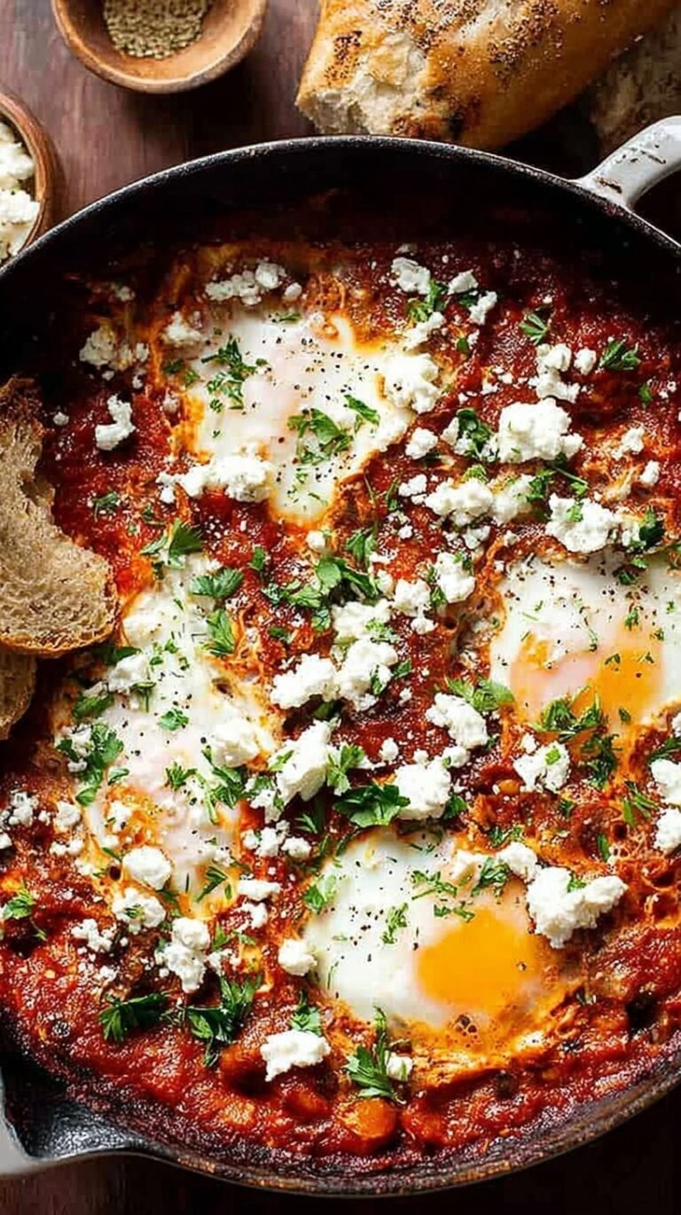 A cast iron skillet filled with red tomato sauce, green spinach, and six poached eggs topped with feta and cilantro.