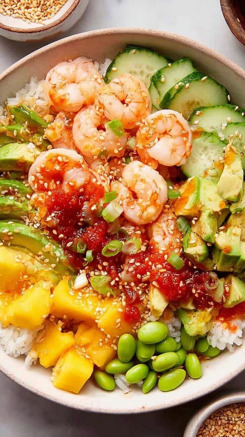 A colorful shrimp poke bowl with avocado, cucumber, and carrots over sushi rice.