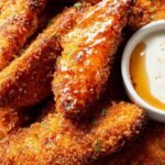 Golden brown crispy chicken tenders glazed in a shiny hot honey sauce