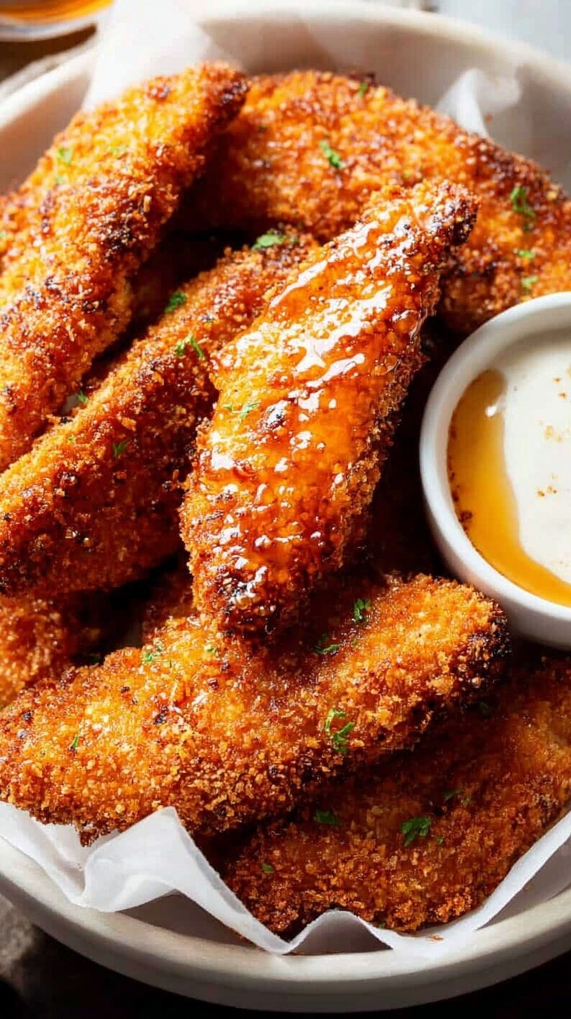 Golden brown crispy chicken tenders glazed in a shiny hot honey sauce
