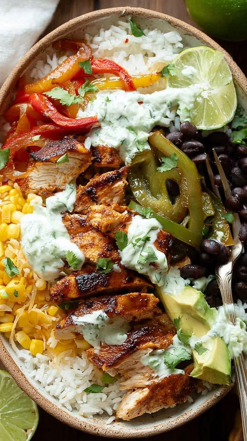 A vibrant Chicken Fajita Bowl with spiced chicken, peppers, onions, and avocado over rice.