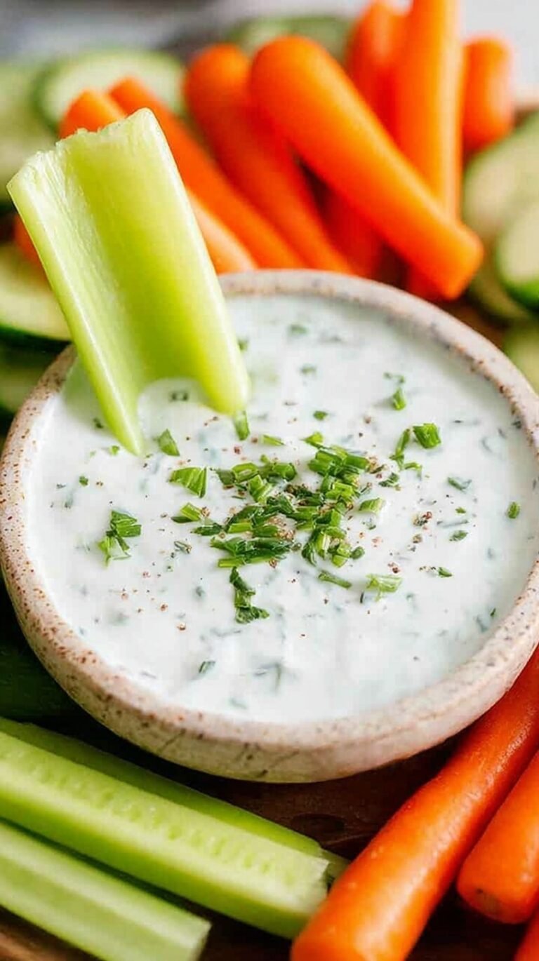 A bowl of creamy healthy homemade ranch dip surrounded by fresh carrot sticks and cucumbers