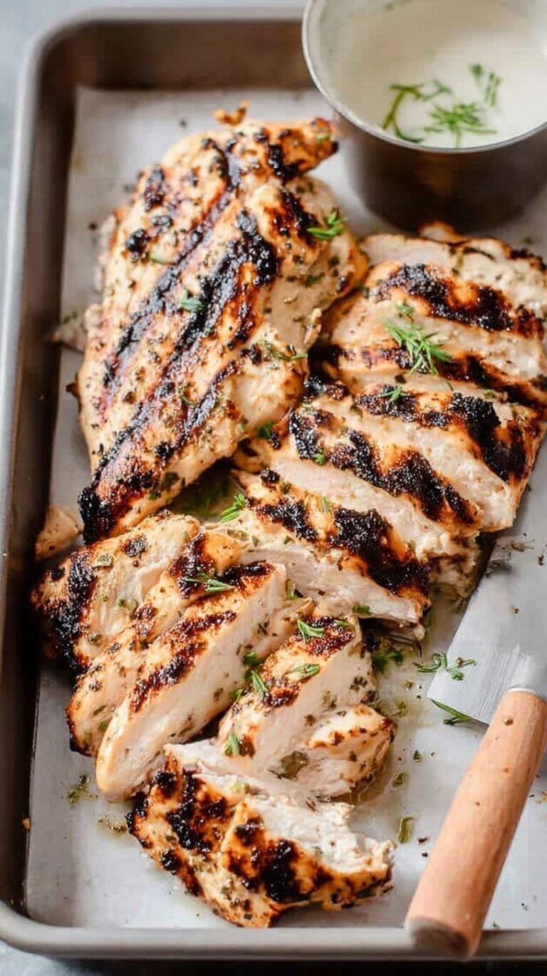 Grilled Greek yogurt marinated chicken breasts sliced on a wooden board with lemon wedges