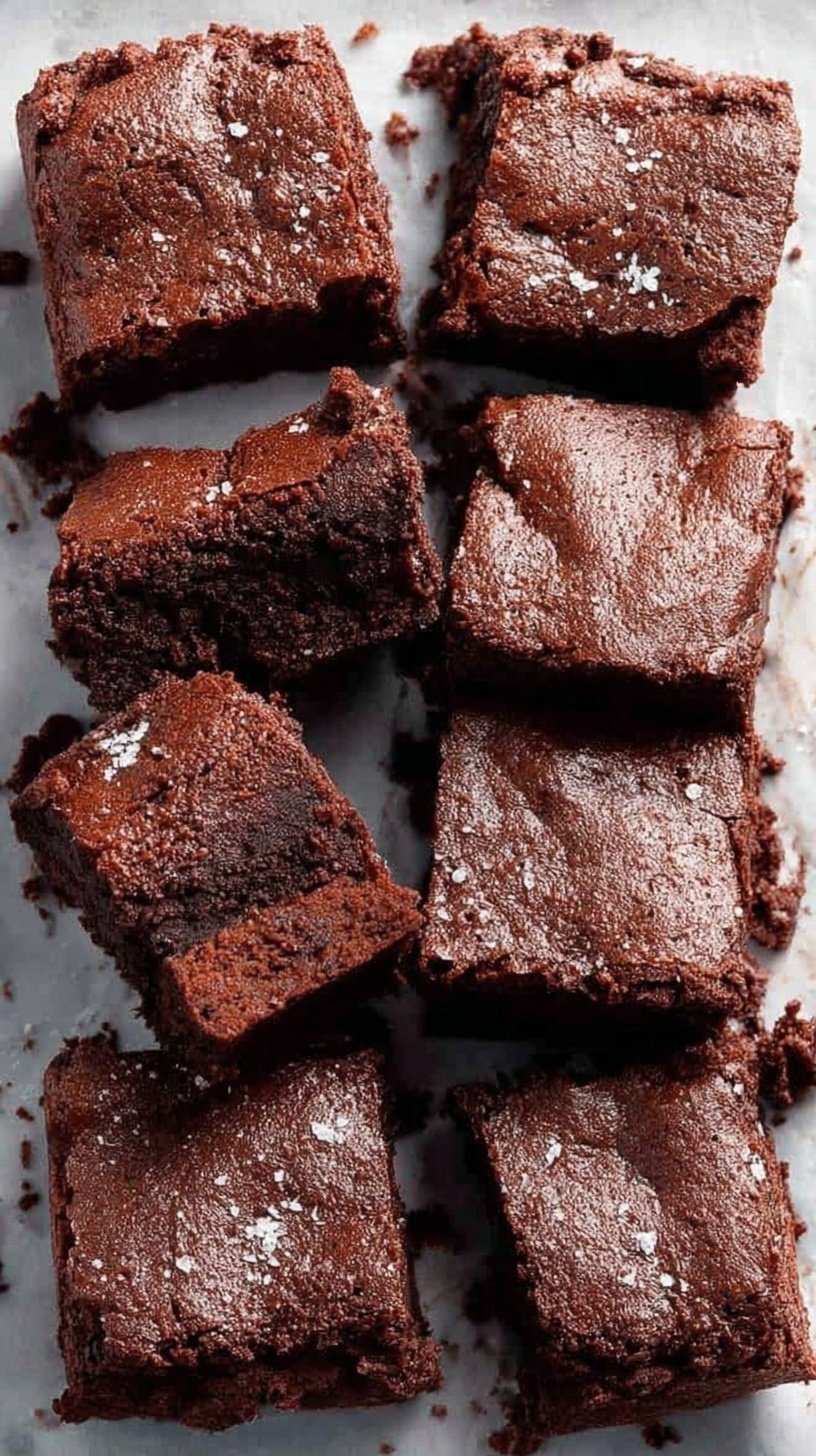 A stack of fudgy chocolate brownies made with oat flour on a cooling rack.