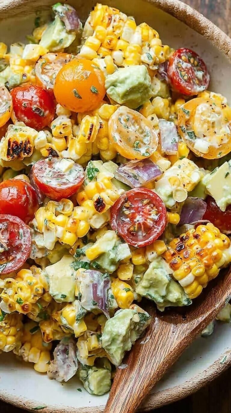 A colorful bowl of Summer Avocado Corn Salad with yellow corn, green avocado, and red tomatoes.