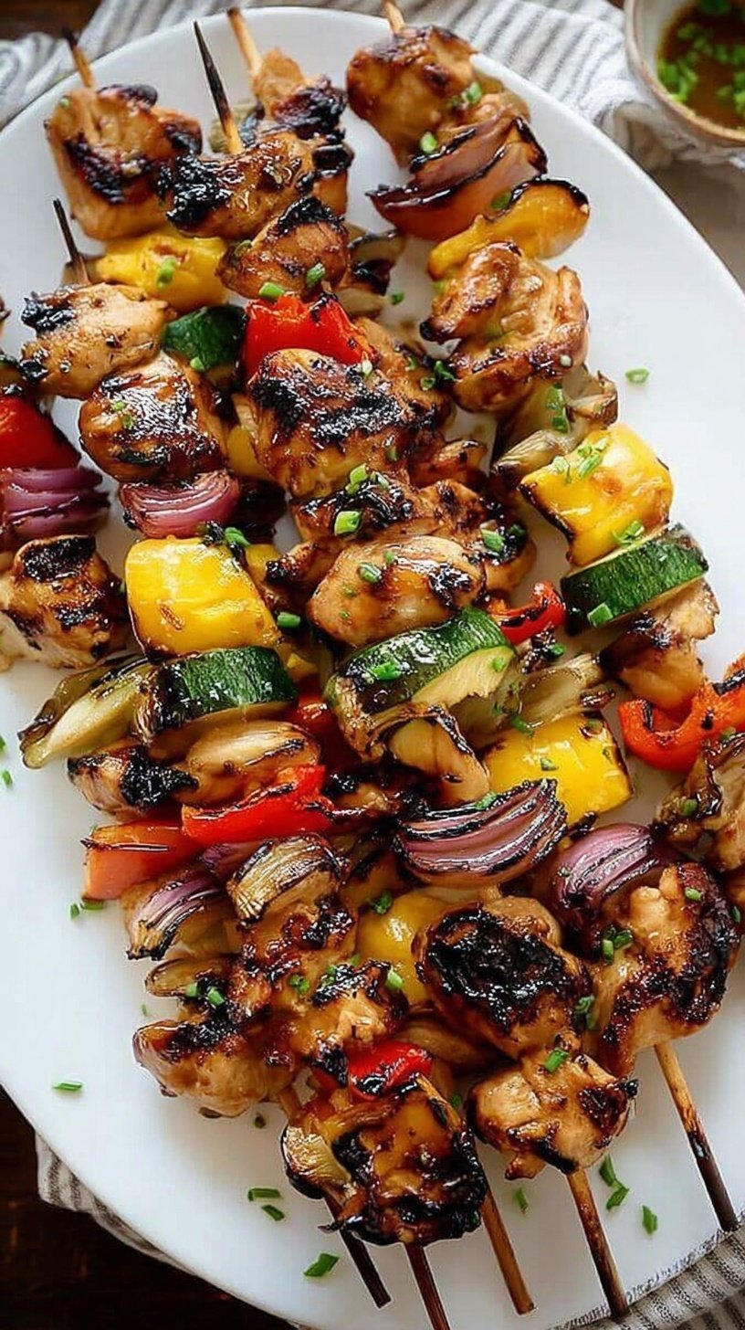 Grilled honey soy chicken kabobs with peppers and pineapple on a platter
