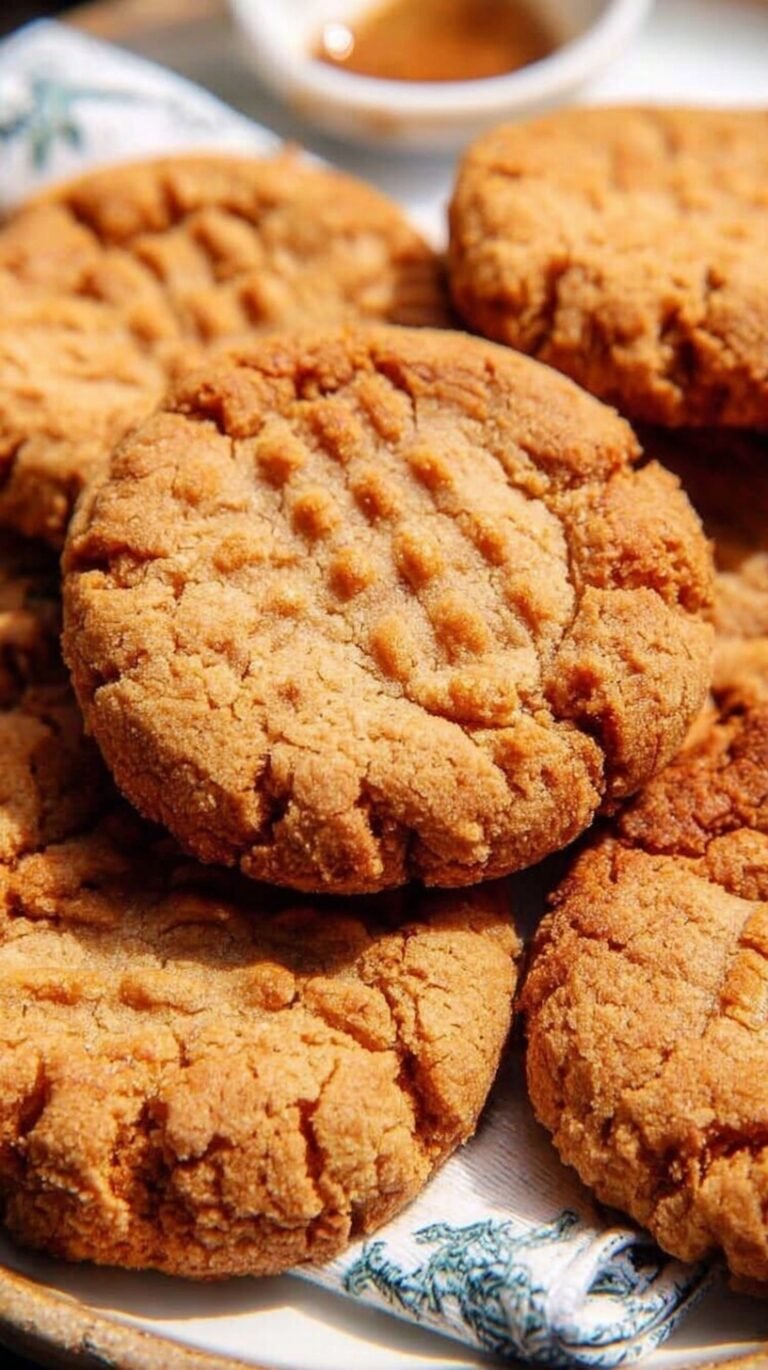 Golden brown peanut butter cookies with fork marks in an air fryer basket