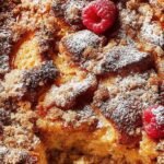A golden brown brioche french toast casserole with a cinnamon streusel topping in a white baking dish.