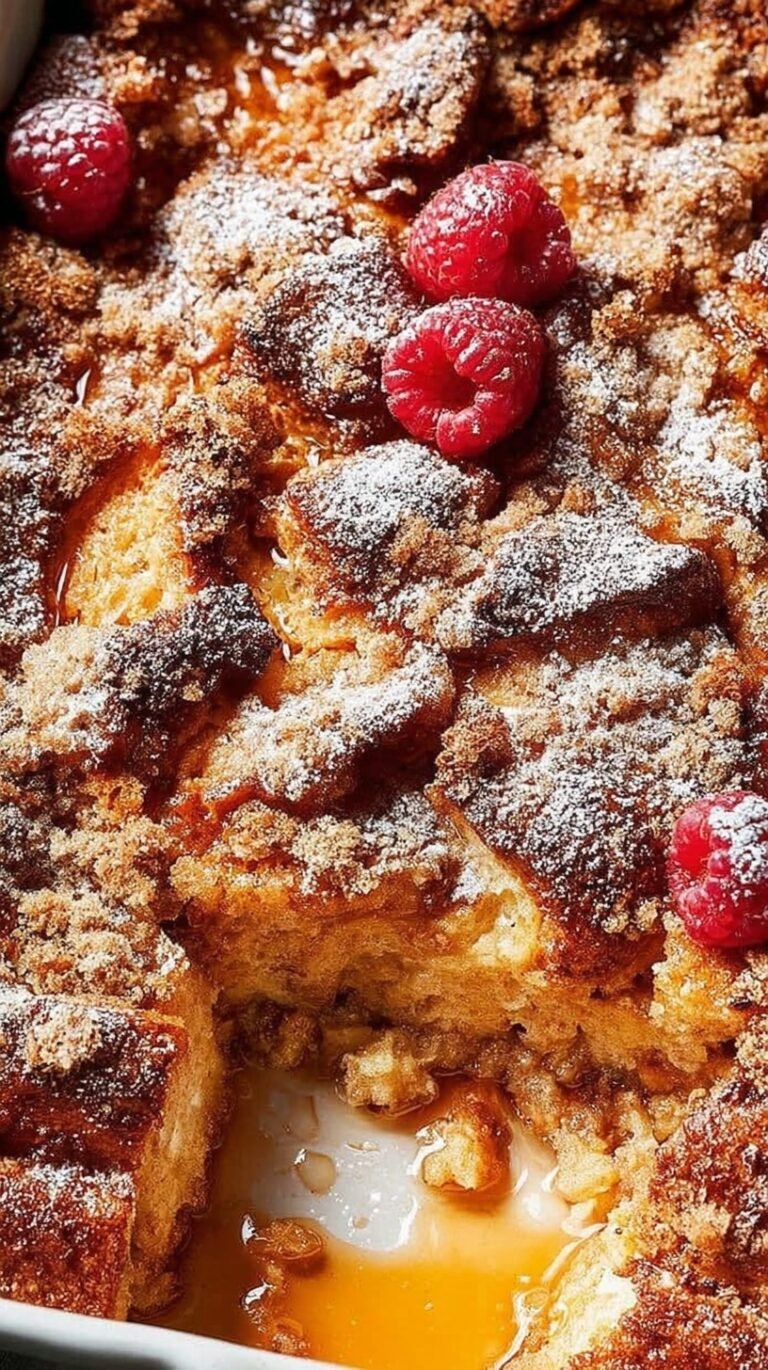 A golden brown brioche french toast casserole with a cinnamon streusel topping in a white baking dish.