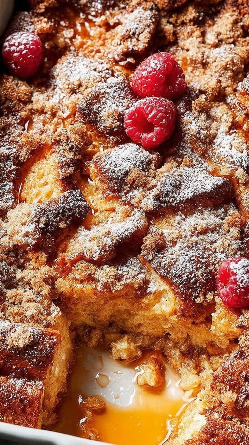 A golden brown brioche french toast casserole with a cinnamon streusel topping in a white baking dish.