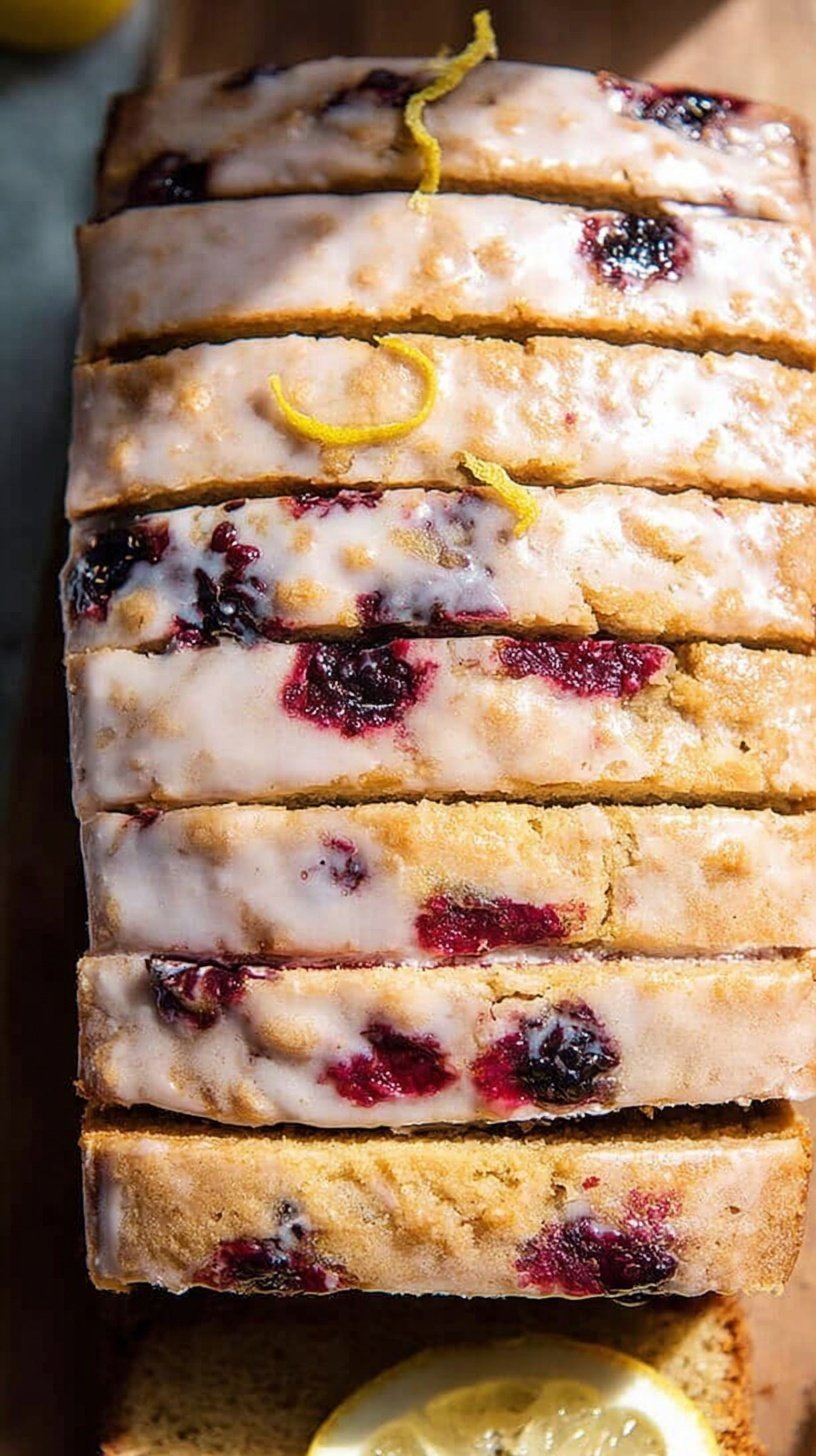 A sliced loaf of Lemon Blackberry Bread with a white citrus glaze and fresh berries.