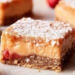 A stack of pink strawberry lemon bars dusted with powdered sugar on a white platter.