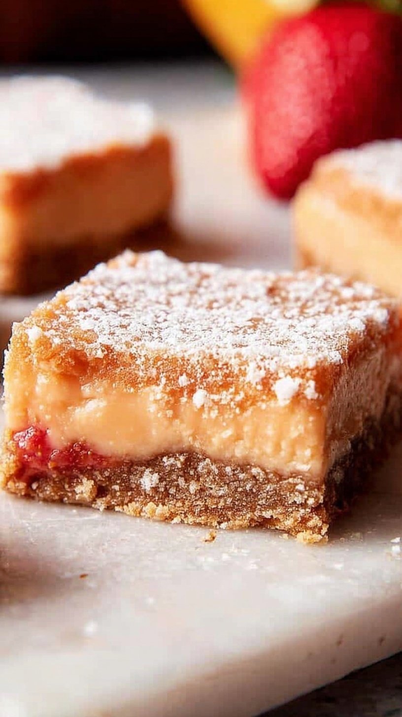 A stack of pink strawberry lemon bars dusted with powdered sugar on a white platter.