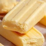 Bright yellow mango popsicles on a wooden board with fresh mango slices