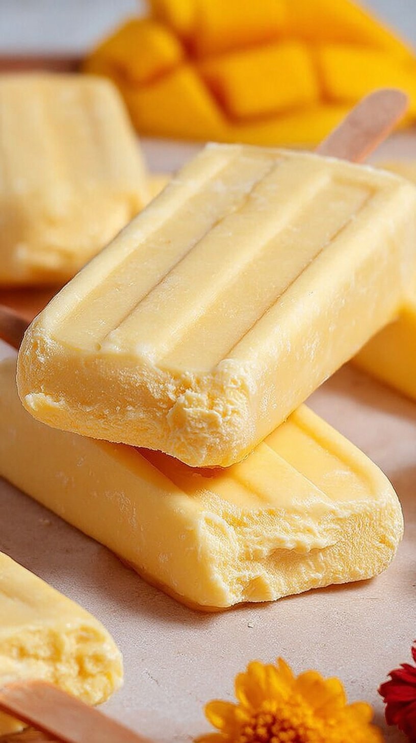 Bright yellow mango popsicles on a wooden board with fresh mango slices