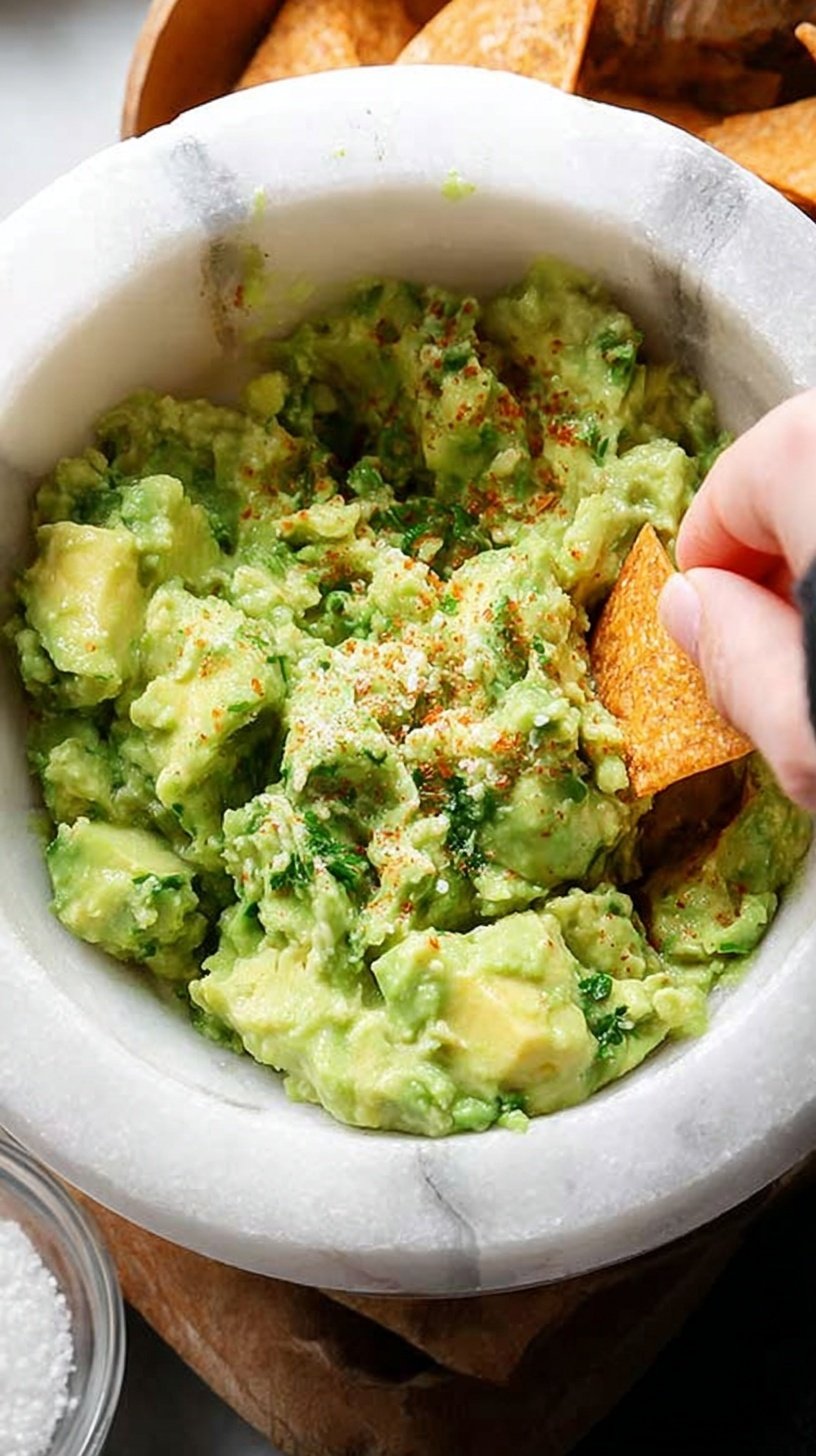 A bowl of fresh green 4-ingredient guacamole with cilantro on top