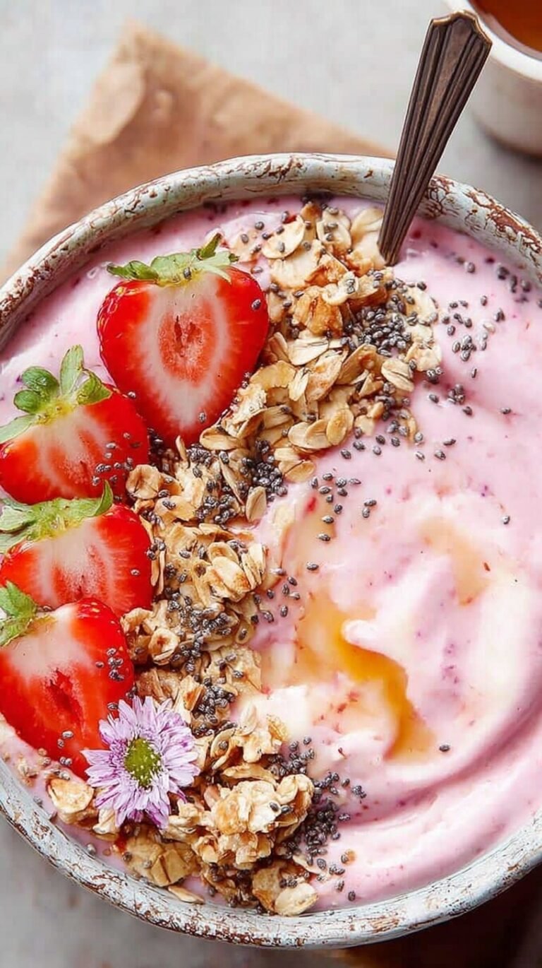 A thick strawberry smoothie bowl topped with granola, chia seeds, and fresh berries.