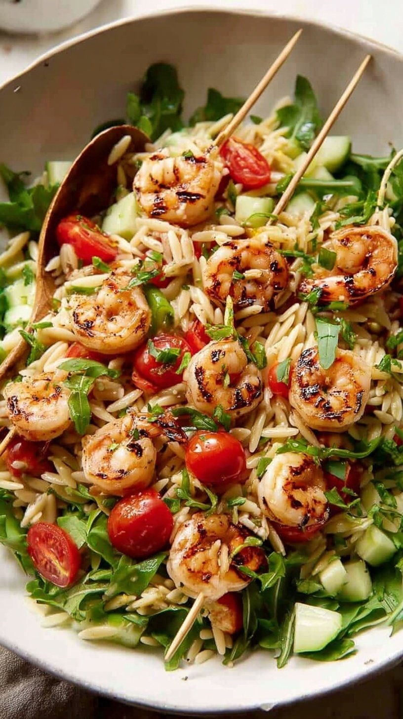 A bright Mediterranean shrimp orzo salad in a white bowl with fresh lemon and herbs.