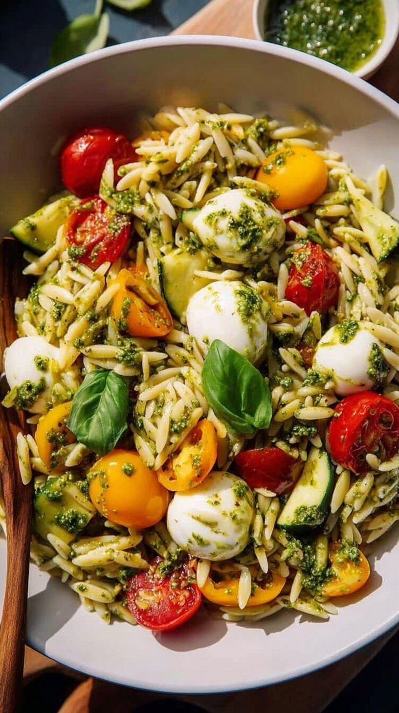 A bright bowl of Orzo Pesto Salad with cherry tomatoes and mozzarella pearls