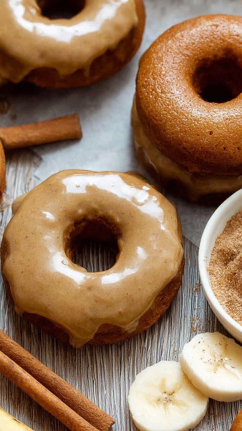 A plate of golden brown baked banana donuts coated in sparkly cinnamon sugar.