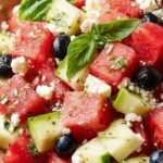 A bright bowl of cubed watermelon with white feta cheese and green basil ribbons.