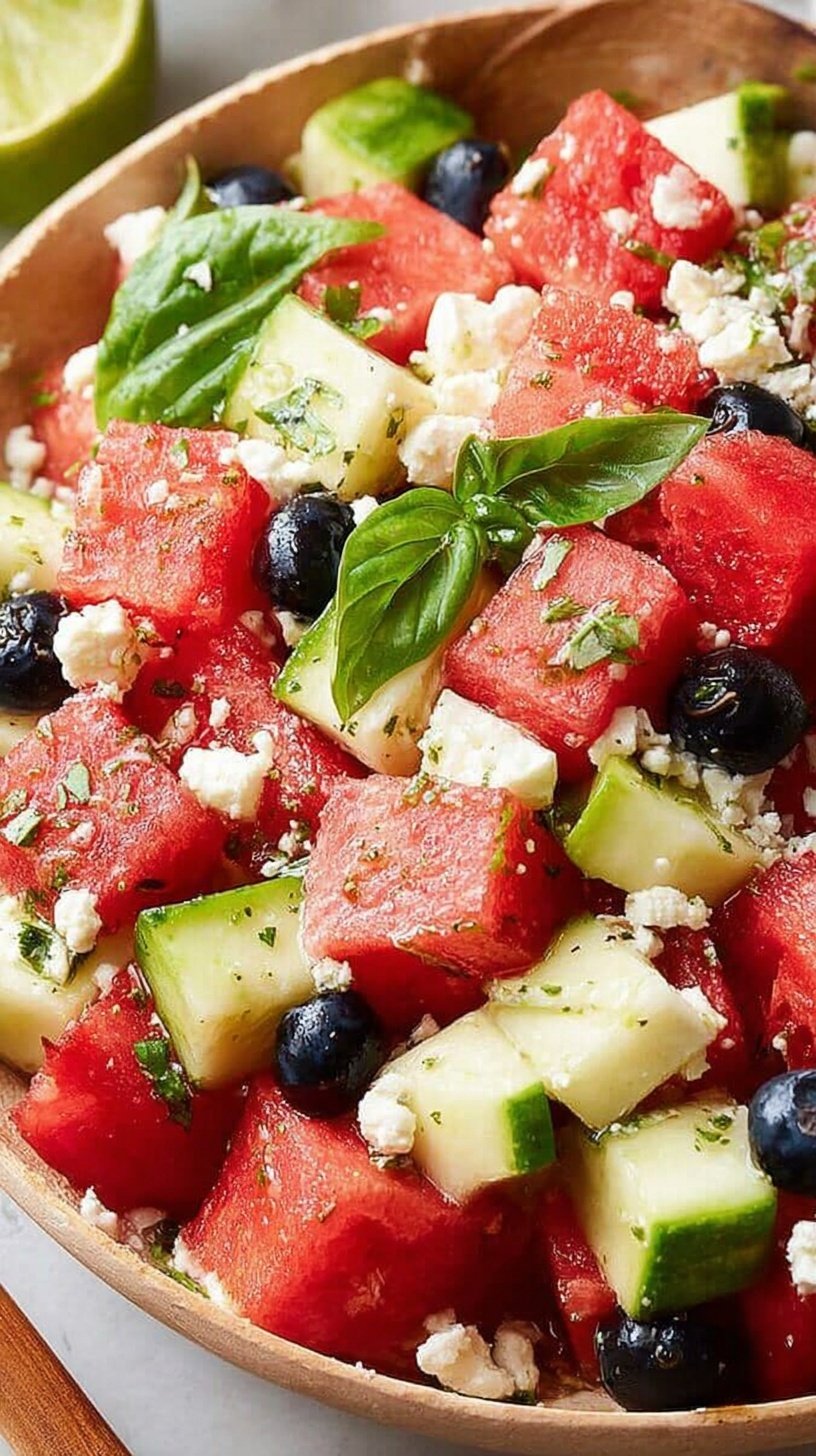 A bright bowl of cubed watermelon with white feta cheese and green basil ribbons.