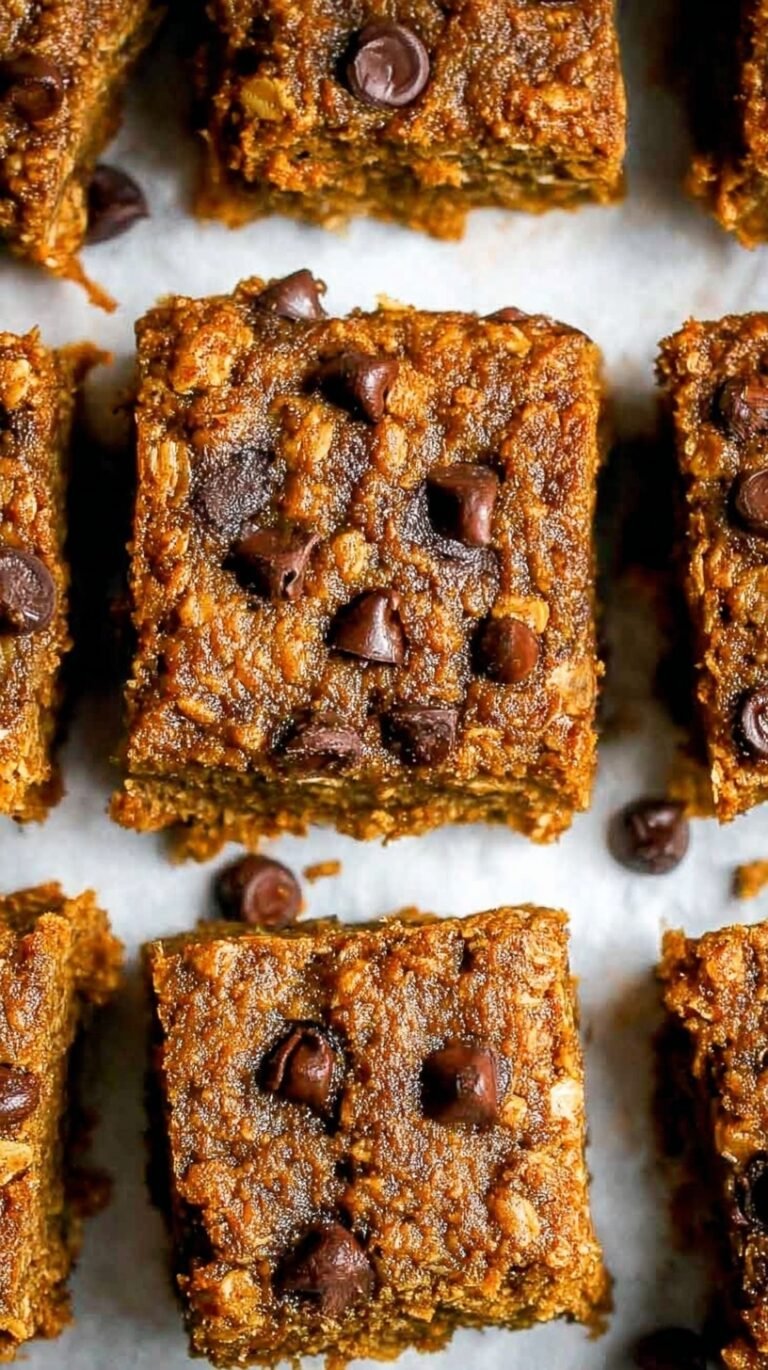 Golden brown pumpkin oatmeal bars with dark chocolate chips on a parchment-lined baking sheet.