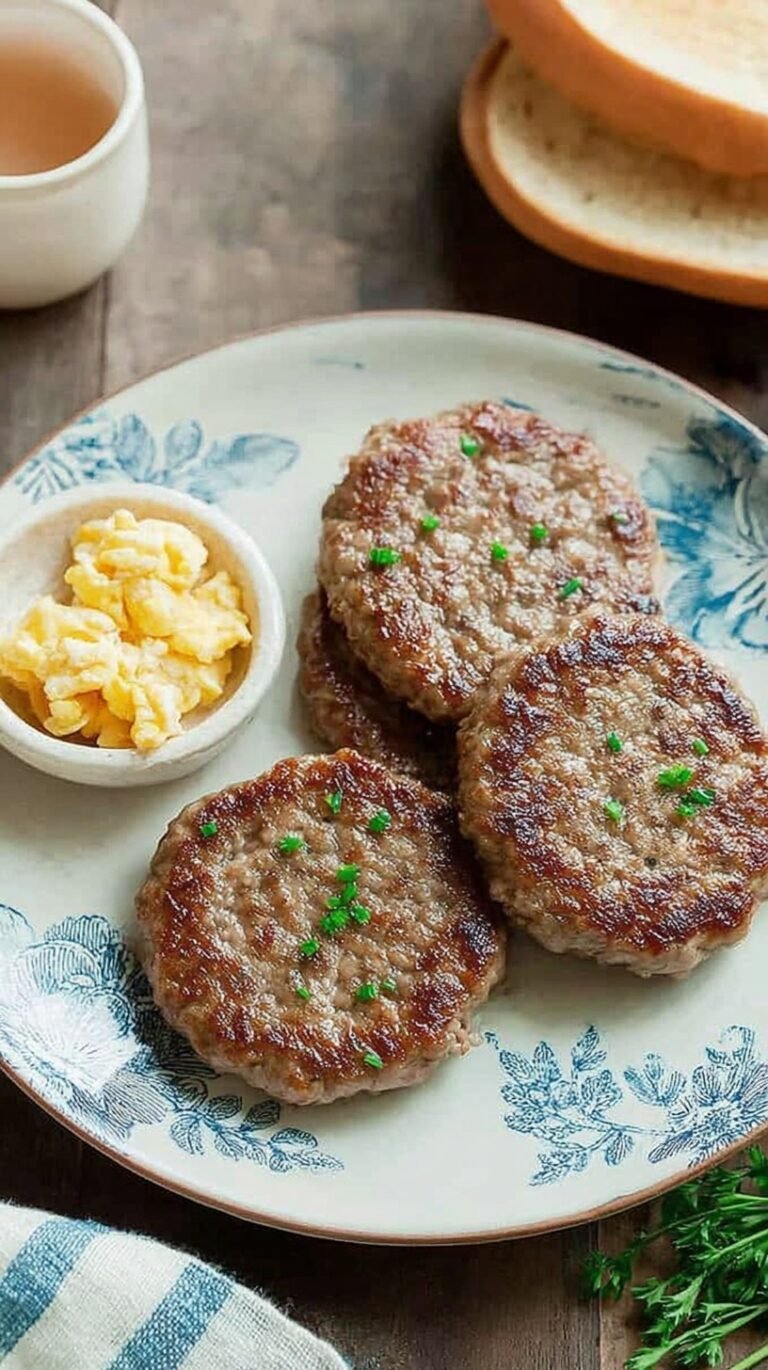 Golden brown air fryer frozen sausage patties served on a white plate with scrambled eggs