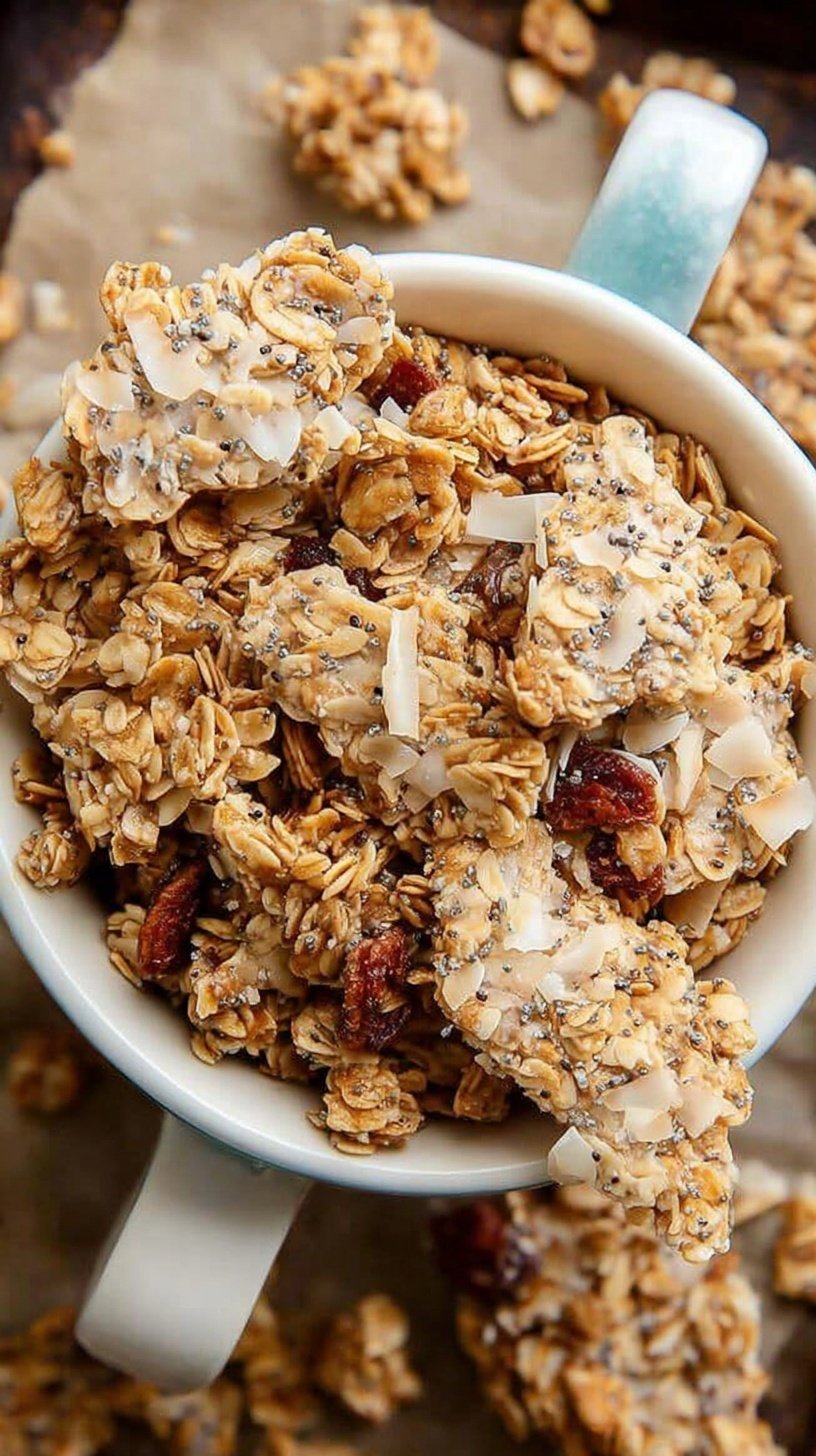 A close-up of golden brown chunky coconut granola with large clusters and toasted pecans on a baking sheet.