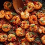 A black skillet filled with spicy harissa shrimp, fresh cilantro, and lemon wedges.
