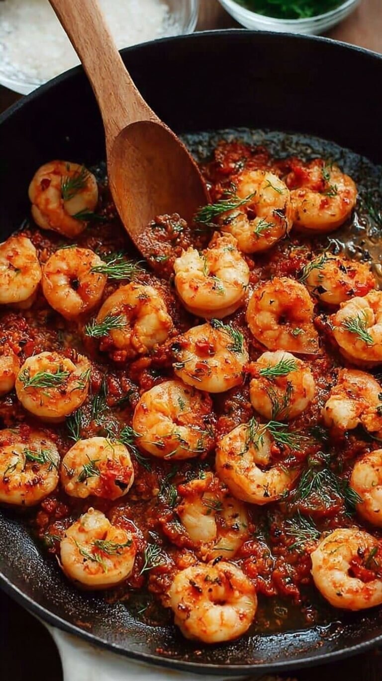 A black skillet filled with spicy harissa shrimp, fresh cilantro, and lemon wedges.