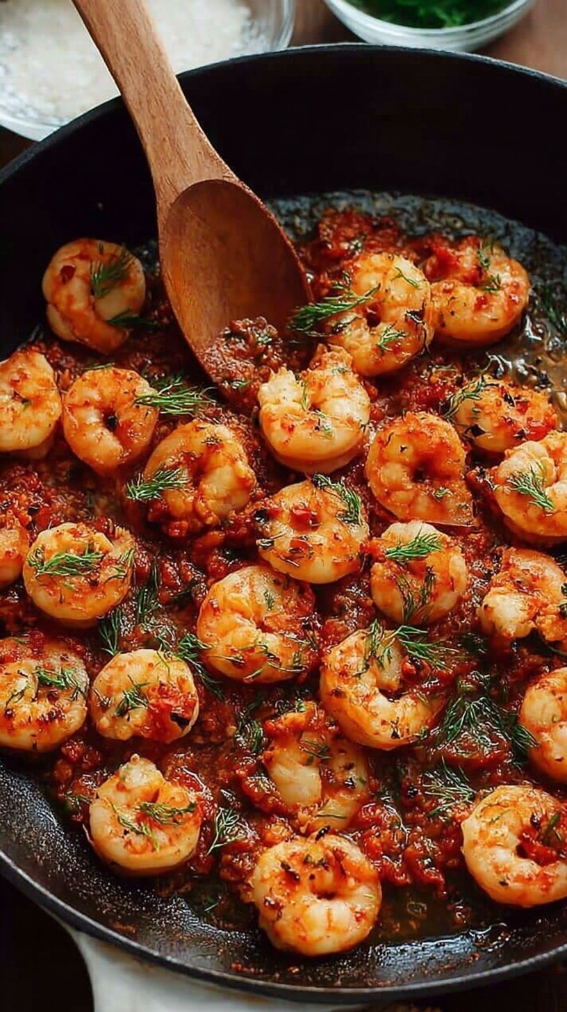 A black skillet filled with spicy harissa shrimp, fresh cilantro, and lemon wedges.