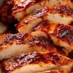 Two glazed BBQ chicken breasts in an air fryer basket with a side of coleslaw