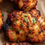 Golden brown seasoned air fryer chicken thighs on a serving plate with fresh herbs.