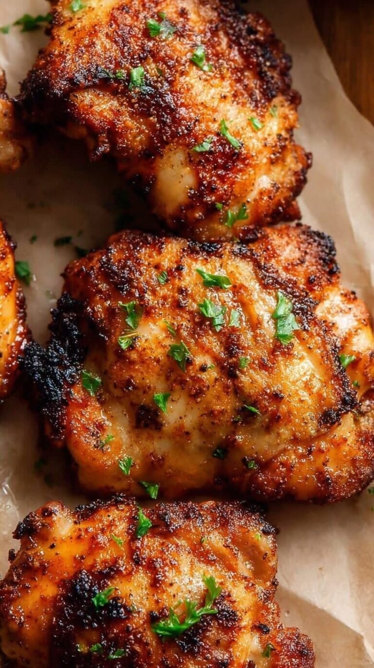 Golden brown seasoned air fryer chicken thighs on a serving plate with fresh herbs.