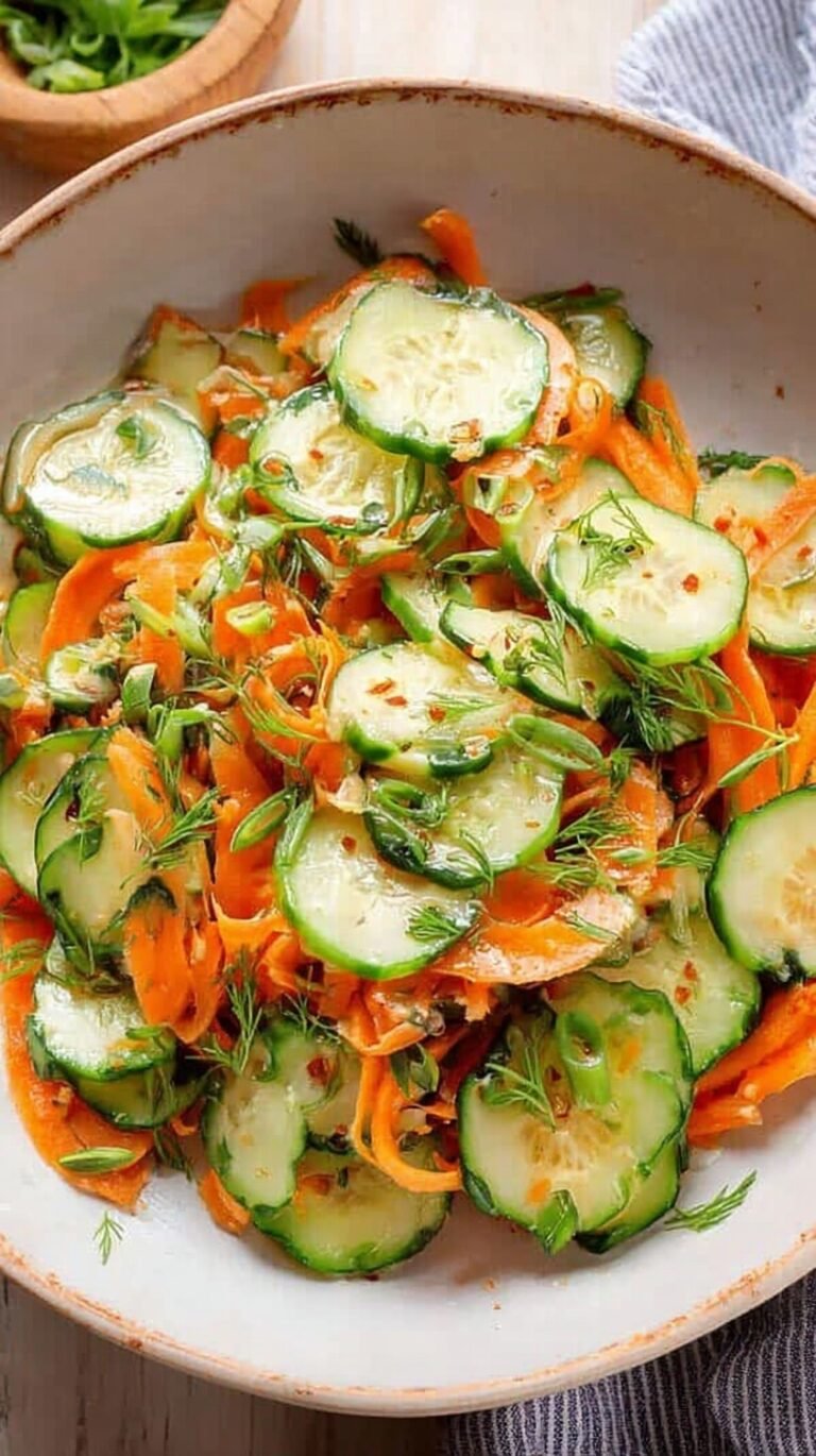 A bright and colorful bowl of julienned cucumbers and carrots tossed in a sesame dressing and topped with cilantro.