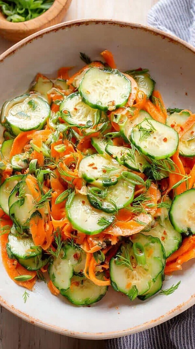 A bright and colorful bowl of julienned cucumbers and carrots tossed in a sesame dressing and topped with cilantro.
