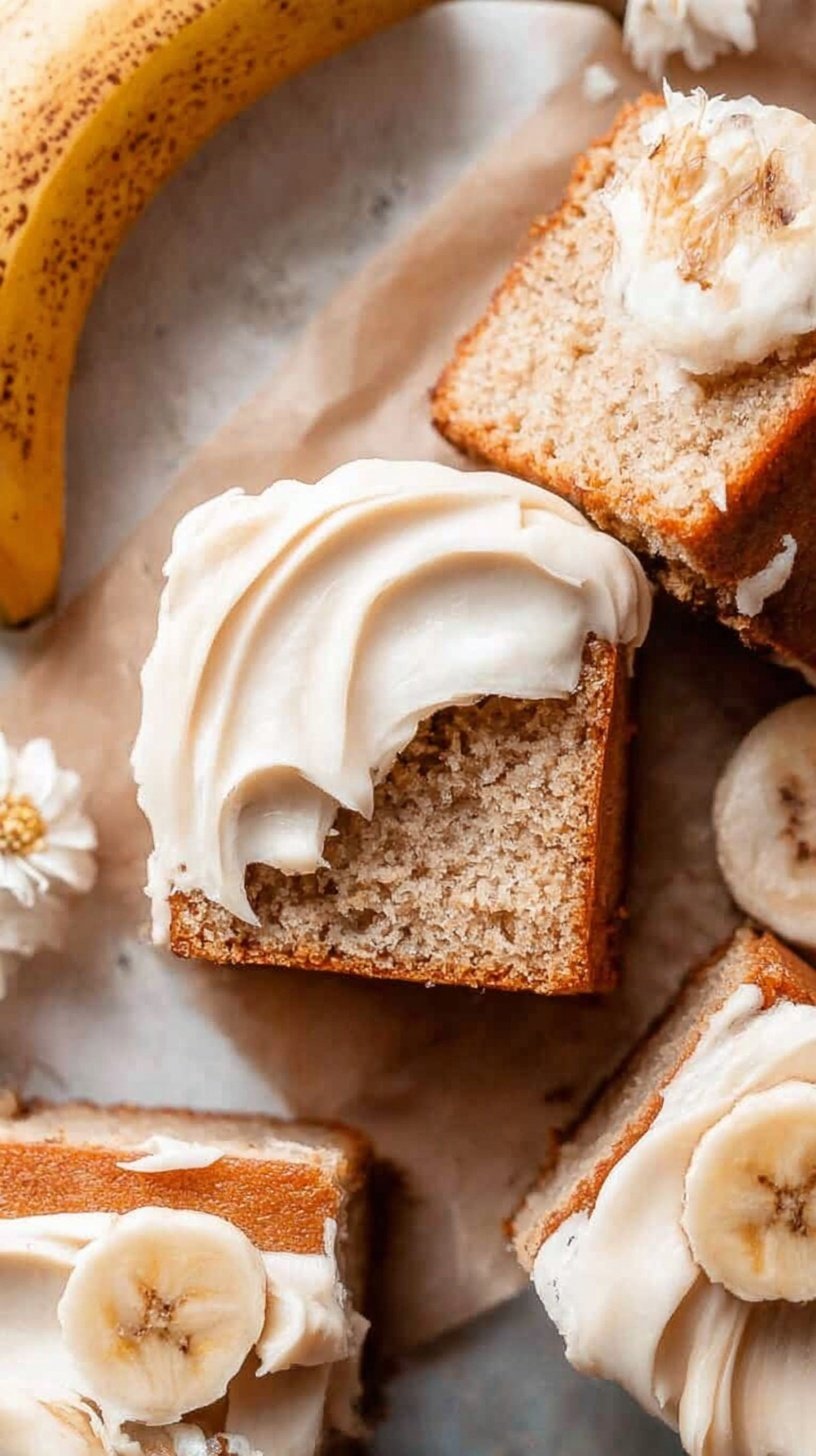 A square gluten-free banana cake on a wire rack being sliced for serving.