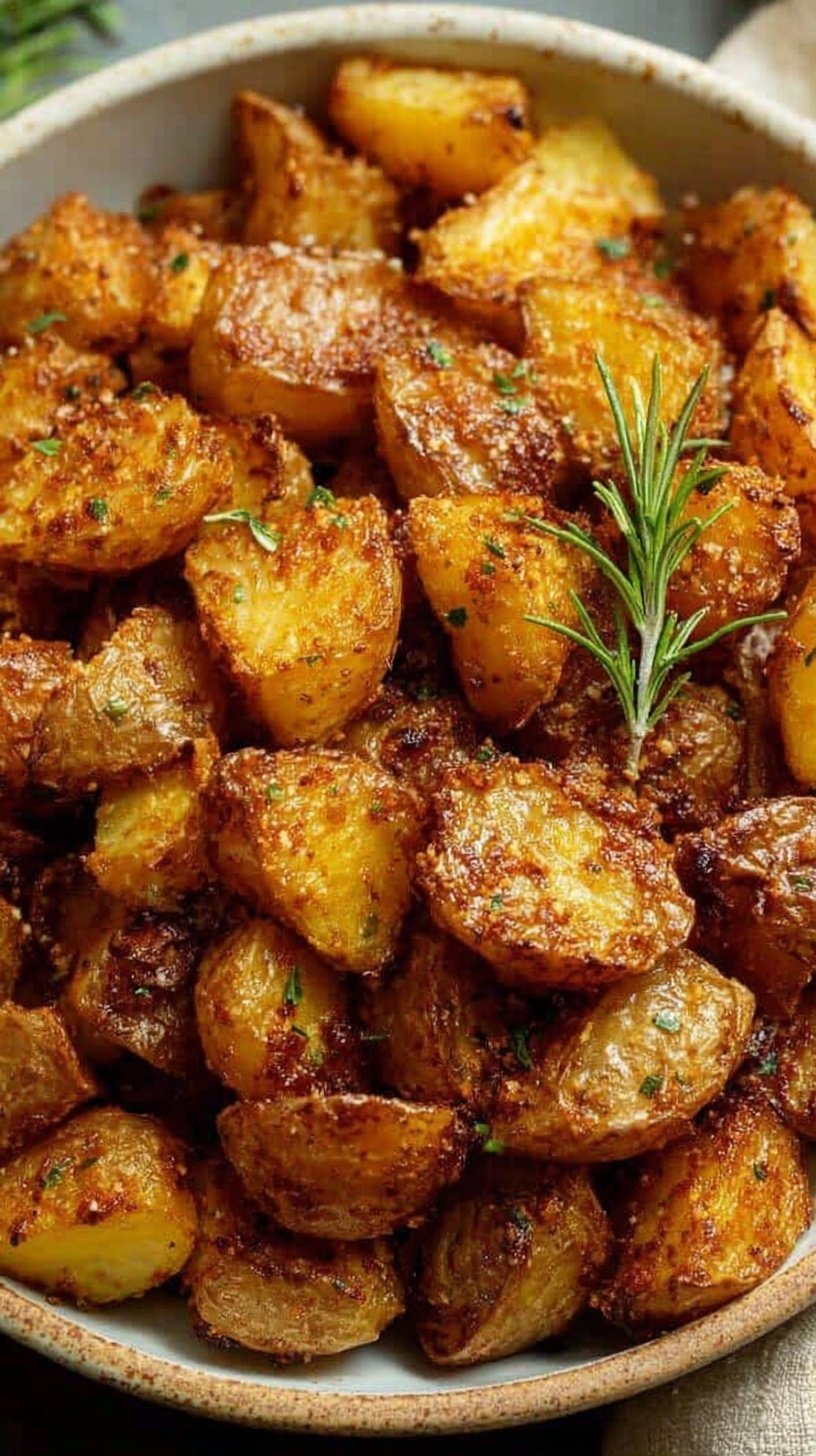 Golden brown crispy oven roasted potatoes on a baking sheet with fresh rosemary