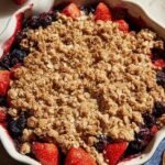 A warm baking dish filled with bubbling mixed berries and a golden oat crumble topping.