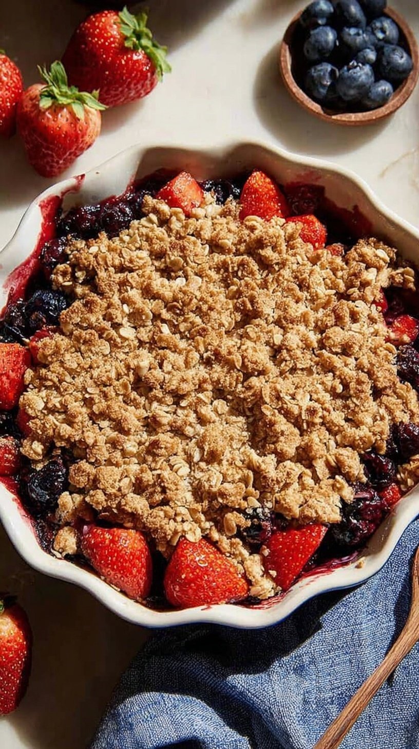 A warm baking dish filled with bubbling mixed berries and a golden oat crumble topping.