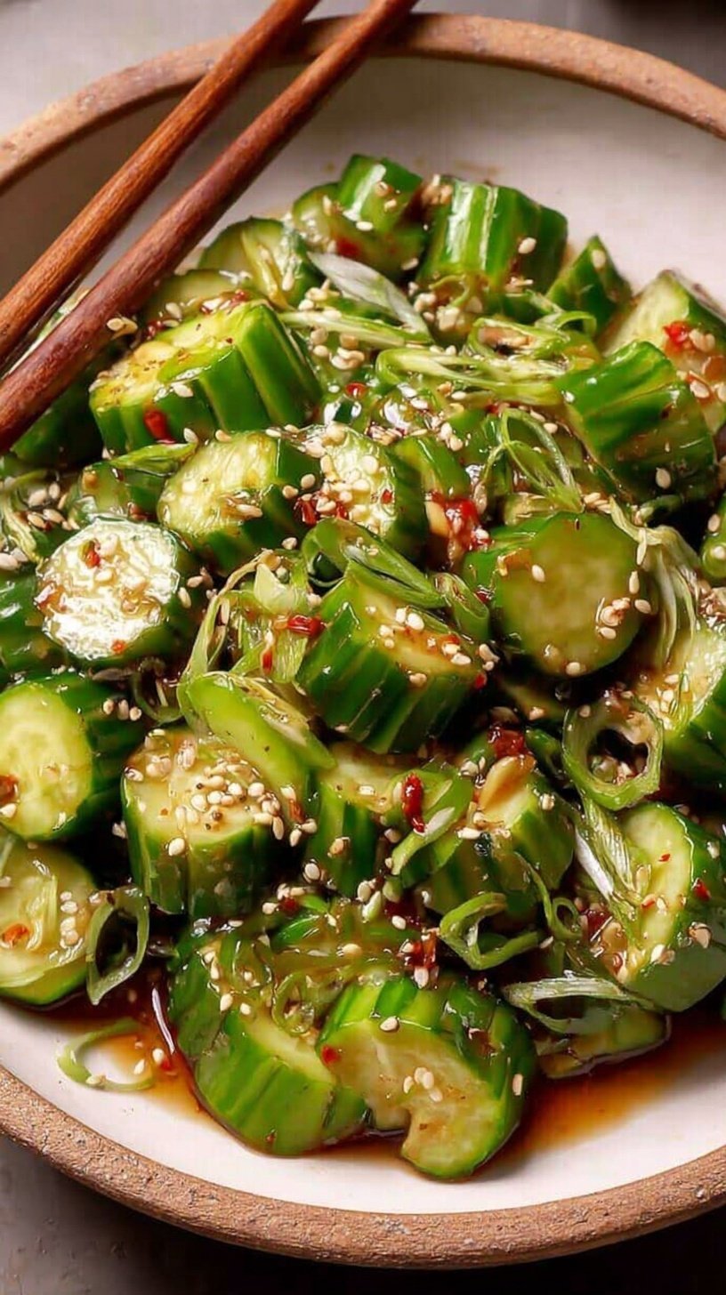 A chilled bowl of smashed spicy cucumber salad with chili oil, garlic, and fresh cilantro.