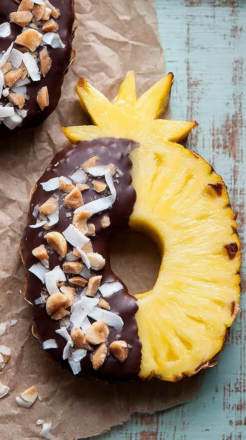 Fresh pineapple wedges dipped in dark chocolate with sea salt on a baking sheet